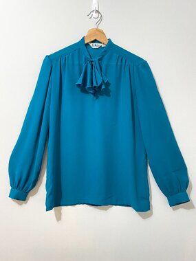 Vintage 80s Teal Chiffon Blouse with Ballon Sleeve, Ruffle Tie-Neck Bow Office